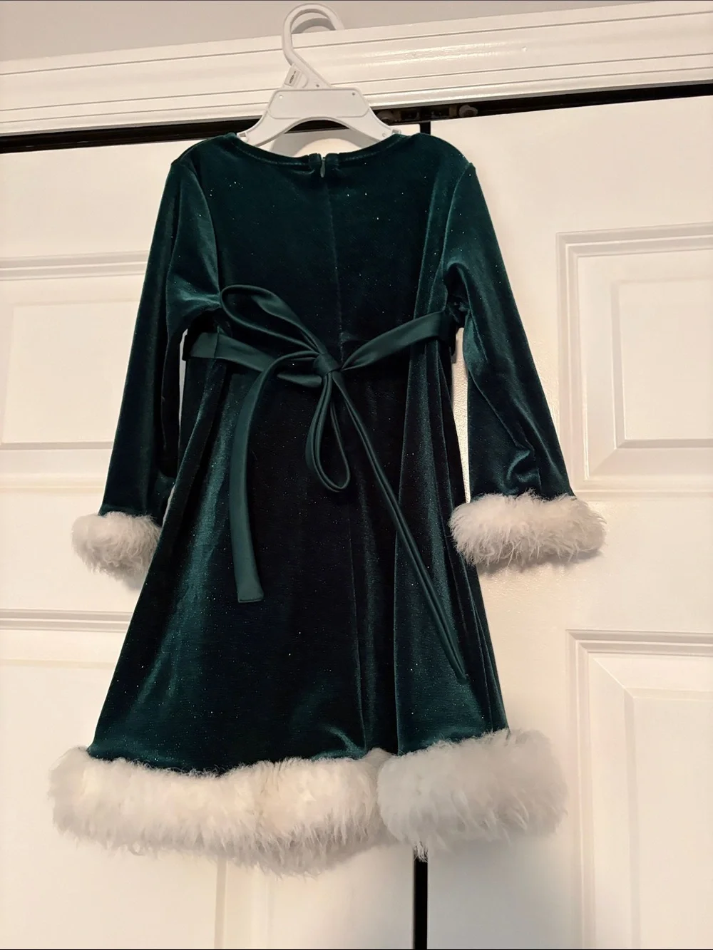 Girls Emerald Green Velvet Holiday Dress with Faux Fur Trim